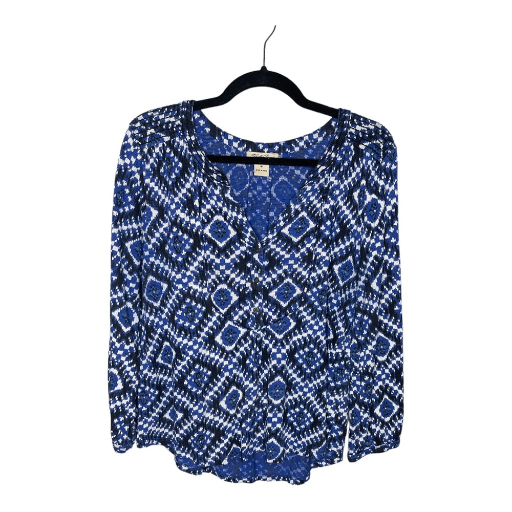 Lucky Brand Blue/Black Southwest Boho Print Blouse | M